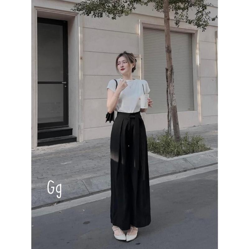  Set Đồ Nữ Áo Thun Cổ Tròn Tay Ngắn Quần Tây Lưng Chun Ống Rộng Lưng Cao Thắt Nơ | FASHION STORE C4 