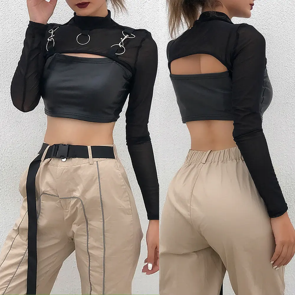 Áo Áo Cánh Lưới Cho Nữ, Tay Áo Dài, Cổ Cao, Xuyên Thấu Nhung Top