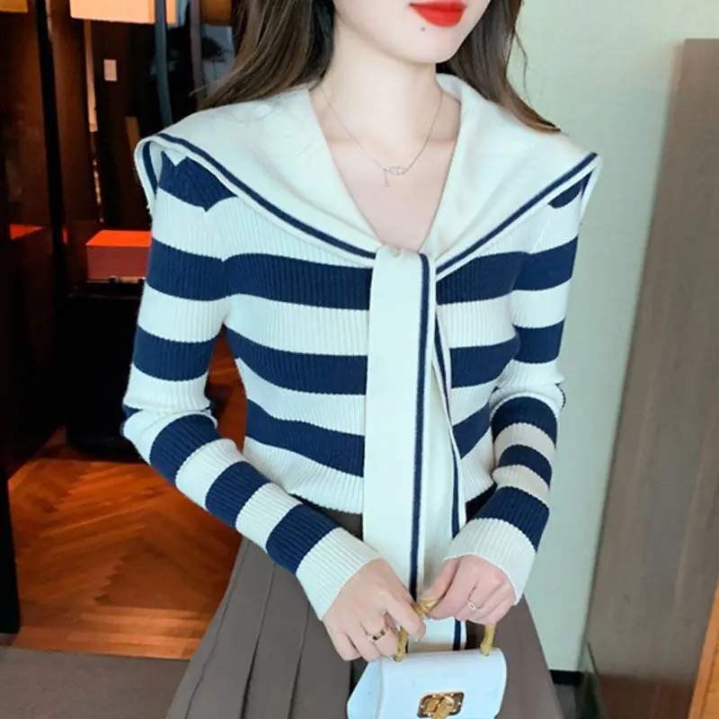 Sọc Cho Nữ, Cổ  Hải Quân, Phong Cách Preppy Mới, Dệt Kim, Thích Hợp Cho Mùa , Dễ Phối Đồ có thể giặt máy  phụ  nữ Top Women đốm trắng đường thêu hàng dệt kim  kẻ ngang đen   real madrid sweater  trễ   tay Dài Tay    nữ quảng châu    love  back áo Tre 6