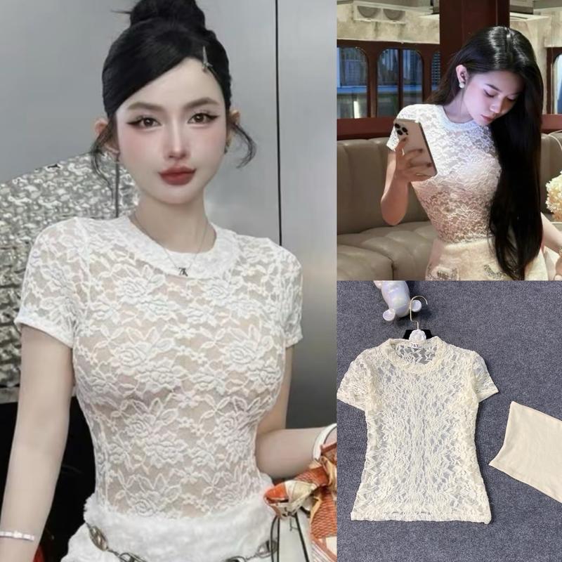 B126_Áo thun lưới hoa tay ngắn fom ôm có lót Nữ