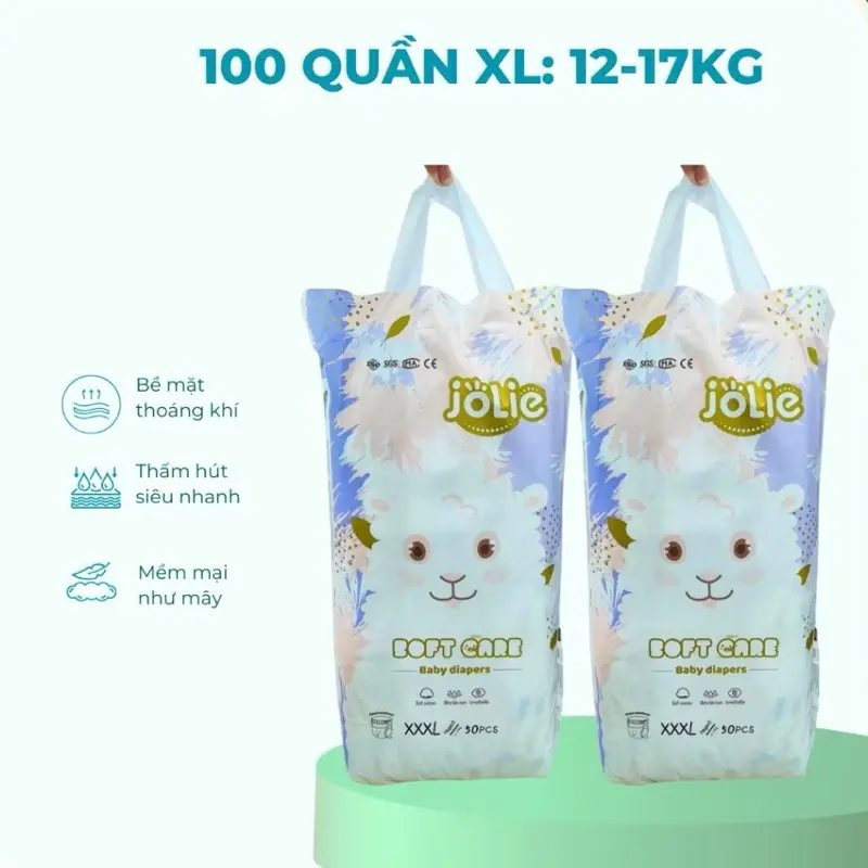 (Miễn ship) Combo 100 miếng bỉm quần/tã dán JOLIE loại 1, đủ size M/L/XL/2XL/3XL/4XL cho bé cotton mát lạnh tã dán và tã quần 7