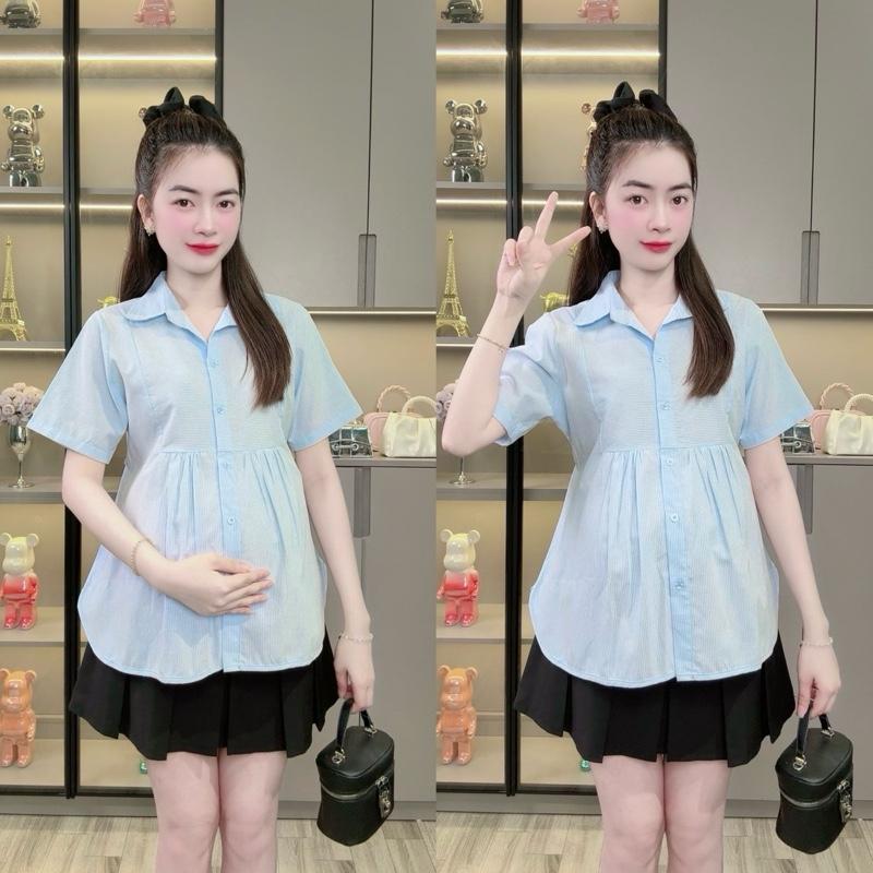 [ ẢNH THẬT ] ( 50 - 95kg ) Áo Sơ Mi Bầu Caro Tay Ngắn From Rộng Dáng Xuông, Áo Chất Vải Cotton Kẻ Caro Phong Cách Trẻ Trung Năng Động