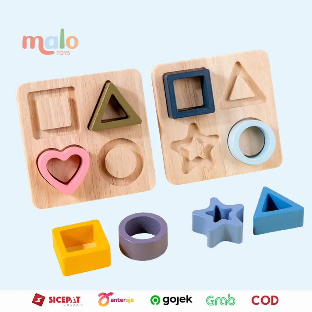 MALOTOYS - Geometry Shape Star Wooden Peg Board Sorting Geo Pilar Basic Puzzle Bentuk 3D Pasak Matching Shape Four 4 Set Mainan Kayu Menara Geometri Malo Toys