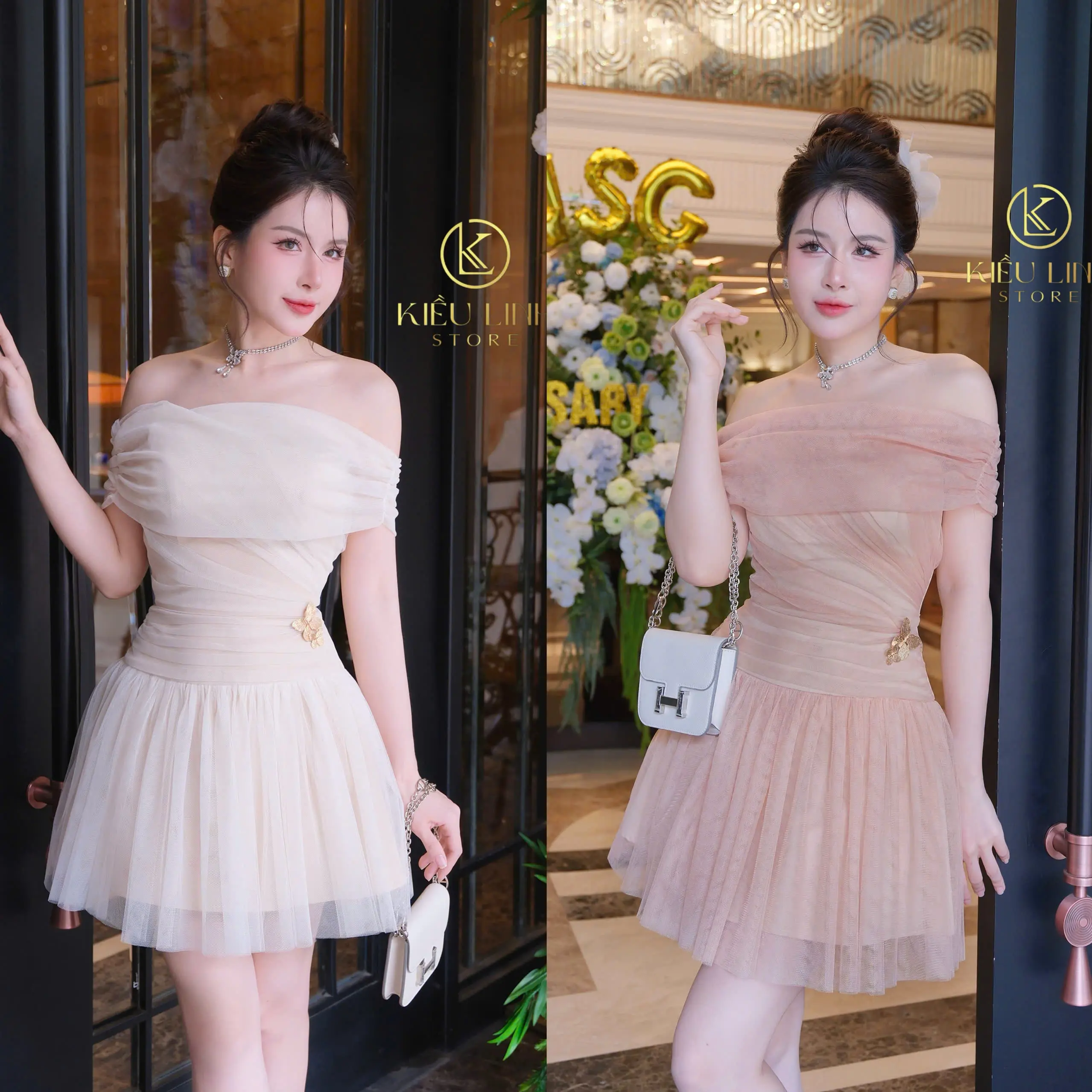 [Kiều Linh]-Váy Dự Tiệc Thiết Kế Trễ Vai KL300 chất liệu Lưới cao cấp, chân váy xếp li, 2 Lớp Lót, Giấu Đường May, Kèm Charm