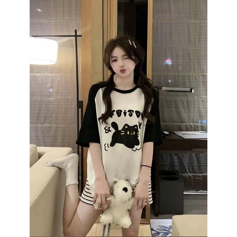 Bộ Đồ Ngủ Nữ, Phong Cách Mùa Hè, Áo Sơ Mi ngắn Tay Và Quần Đùi, Thiết Kế Hoạt Hình Dễ Thương Và Tươi Mới, Dáng Rộng Thường Ngày Thích Hợp Cho Học Sinh, Có Thể Mặc Được, Bộ Đồ Mặc Nhà do  bolatin 8