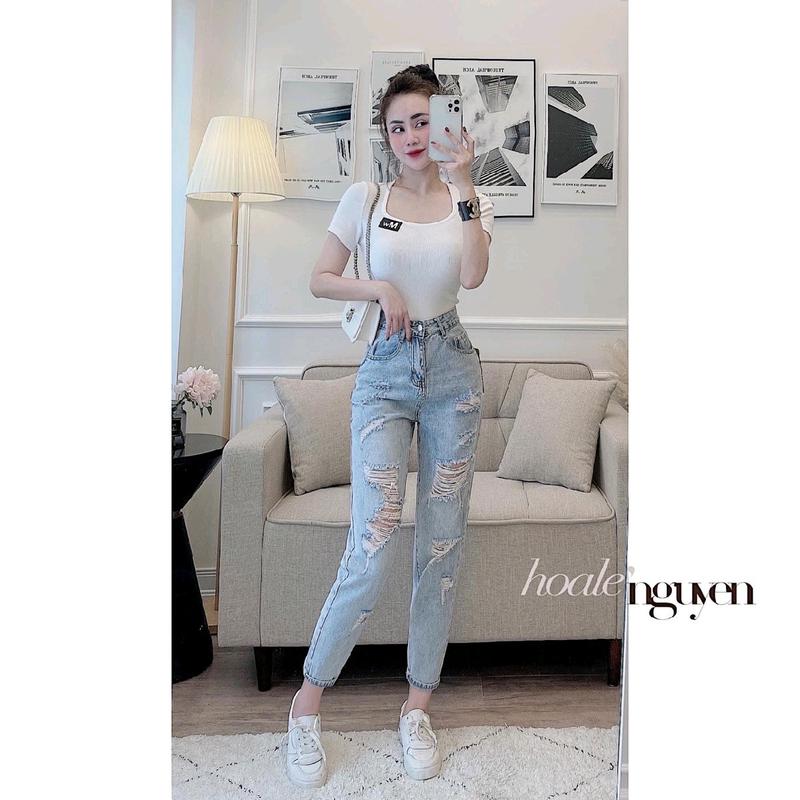 Bigsize Quần jeans baggy nữ rách tua rua xanh nhạt ms67 1