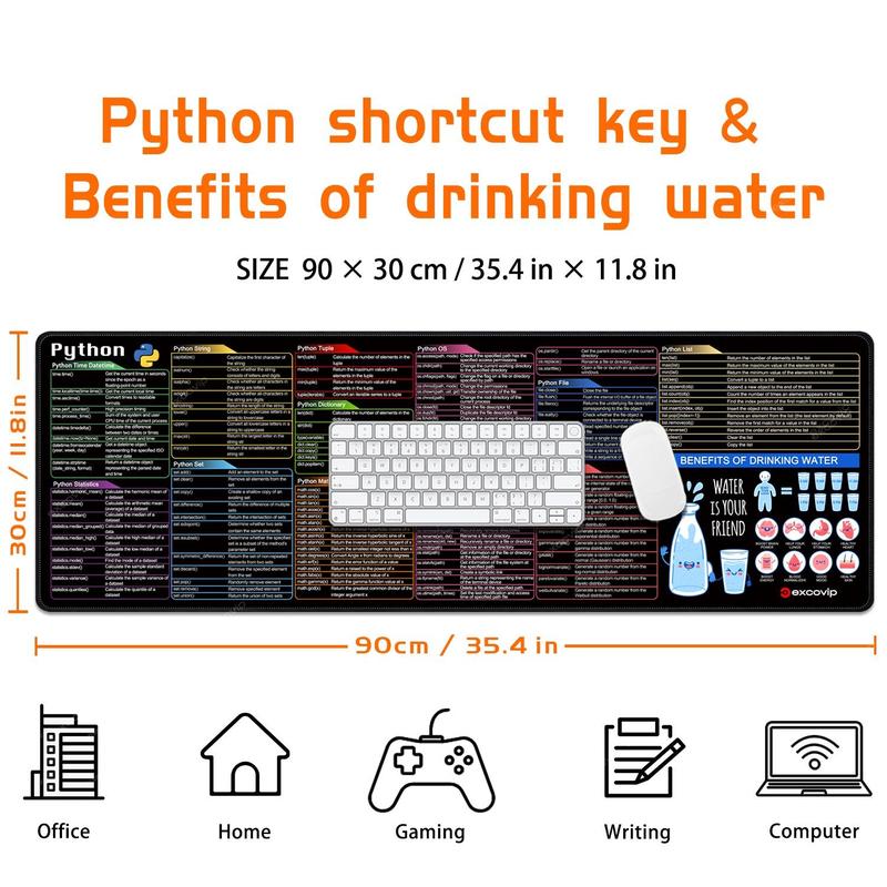 Product Introduction of Python Code List Shortcut Key Mouse Pad, Non-slip Durable Mouse Pad with Drink Reminder, Computer Office Desk Mat, Mouse Pad for Computer, Laptop, PC, Office 1