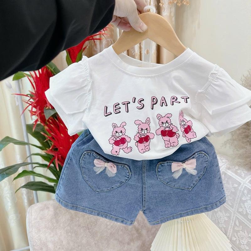 10-30kg - Bộ quần bò -áo phông hình 3 con thỏ 2 màu hông trắng 4