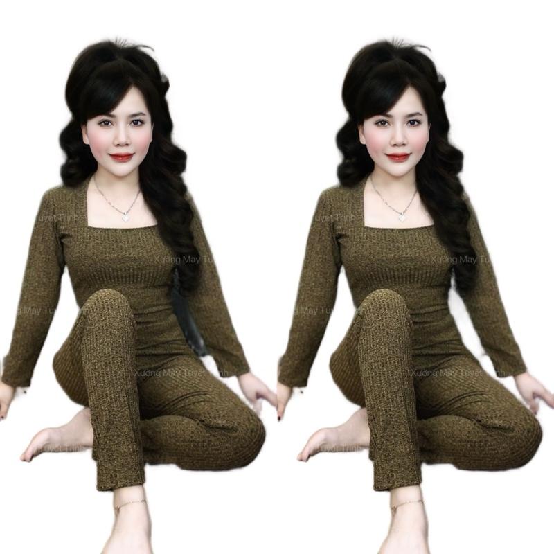 Set bộ CỔ VUÔNG TAY DÀI QUẦN BAGGY chất liệu gân đũa lạnh vải tiêu size từ 35-70kg đồ bộ nữ