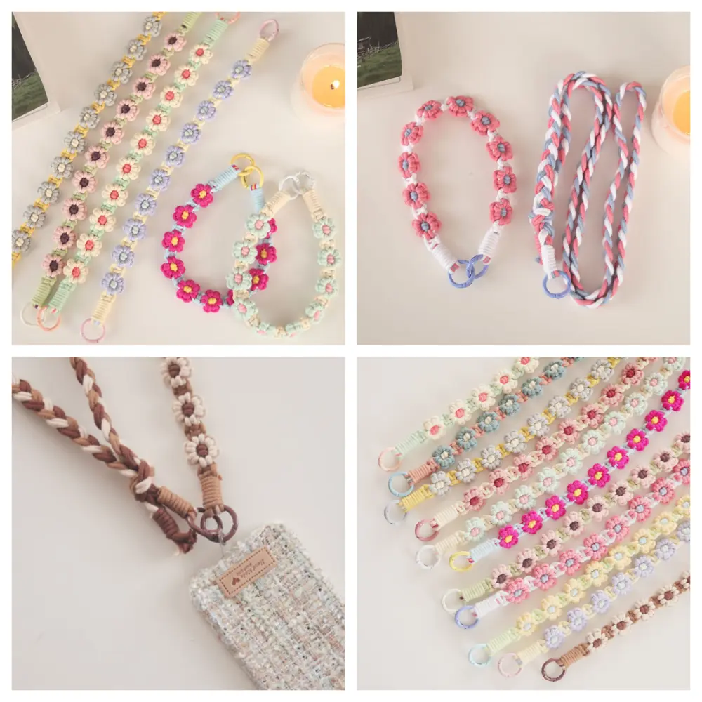 Handwoven Crossbody 2 in 1 Long Boho Phone Case Rope Keyring Cellphone Strap Lanyard Daisy Flower Work Card Rope Phone Wristband DIY Craft Accessories Crochet Macrame Wrist Lanyard Hanging Accessory
