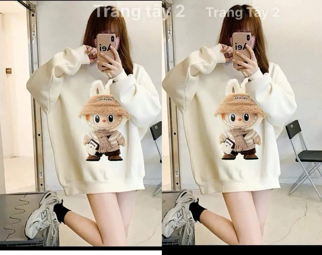 Áo Nỉ cổ tròn  in bét 5D hình Gấu Labulu   phồng tay From Rộng Chất Nỉ Bông Dầy Dặn Nam Nữ Unisex Top Hoodie Women Voi Dài Tay Voan