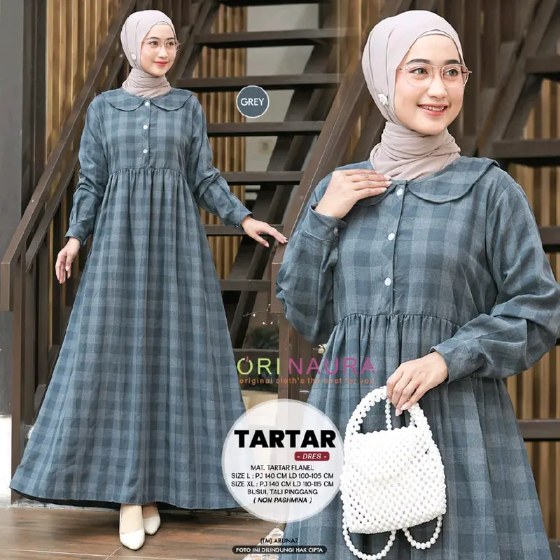 Gamis Kotak Kotak Katun Tartan || Tartar Dress By Ori Naura Cantik Flanel Nyaman Kancing Motif Muslim Panjang 2