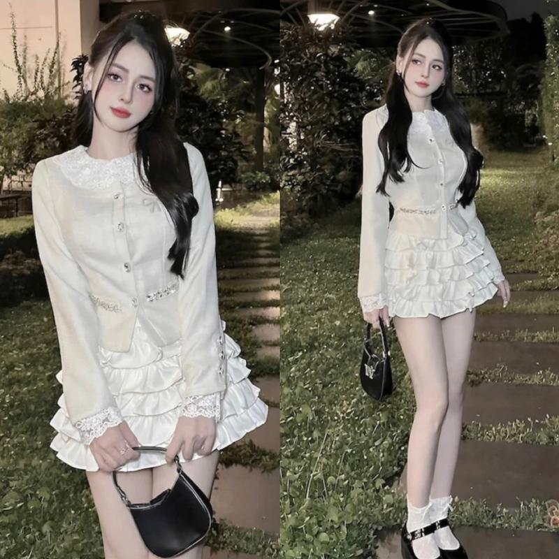 Set Đồ Nữ-Set Áo Dạ Kiểu Dáng Crt Ôm Eo Viền Ren Cúc Bạc Mix Chân Váy Xoè Nhiều Tầng Xinh Xắn Tiểu Thư