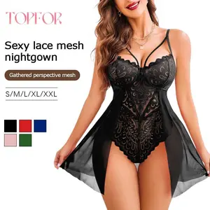 【TOPFOR】[Diskon 50%] Sexy fat Mm seethrough lace mesh nightgown strappy jumpsuit women's sensual halter daster  belah  dua bindie  tanpa  hijab baju  tidur  tasya