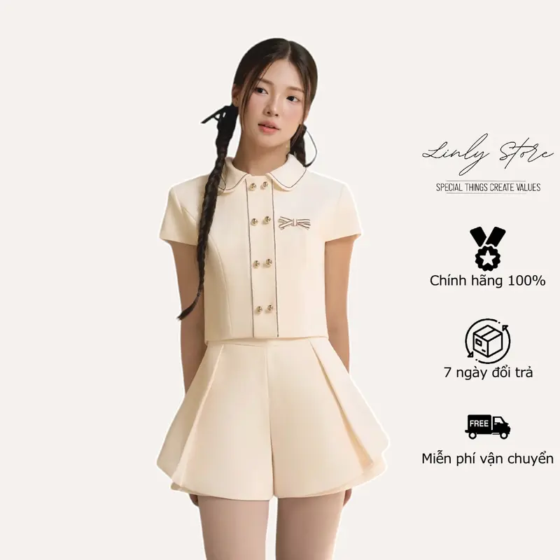 Set bộ đồ nữ áo croptop cổ sen đính nơ phối quần váy form xòe bồng cách điệu tiểu thư Linly Store 0