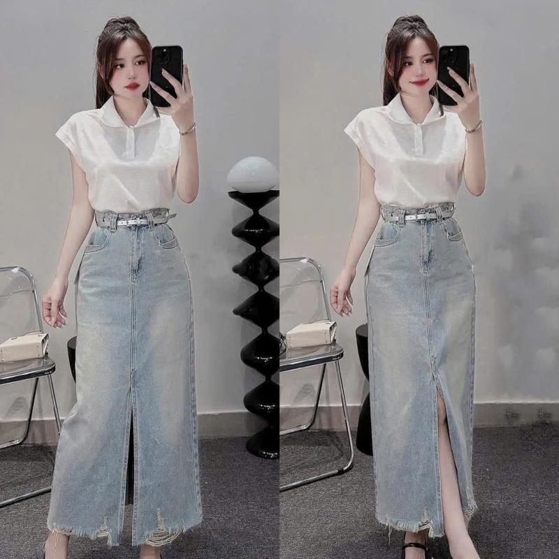 Set Đầm Váy Nữ. Áo Thun Gân Tay Ngắn Cổ Bẻ Phối Chân Váy Jean Dáng Dài Xẻ Tà Kèm Thắt Lưng