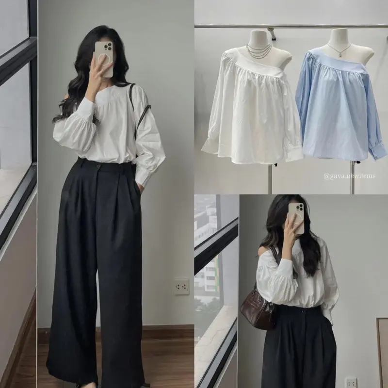 ￼[New]Áo sơ mi lệch vai tay phồng cúc sau form babydoll”LALIN TOP”-3 màu trắng/xanh/đỏ dành cho Nữ