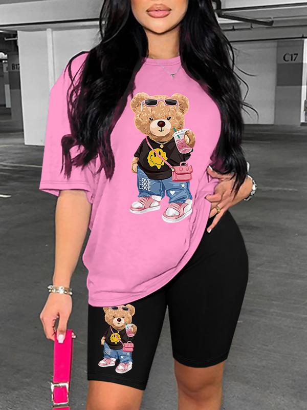 Cartoon Bear Graphic Print Short Sleeve T-shirt & Elastic Waist Shorts Set, Y2k Outfits Streetwear Casual Round Neck Tee & Skinny Shorts for Summer, Summer Outfits 2024, 2 Piece Sets, Co Ords for Women, Two Piece Set Women, Outfits To Hide Tummy Uk 2