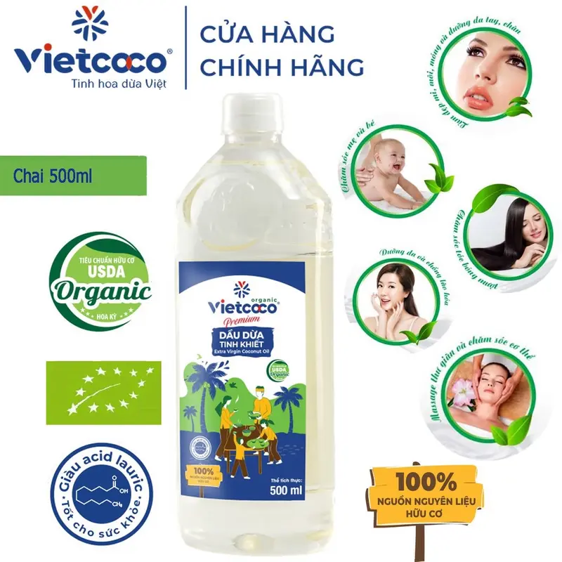 Dầu Dừa Tinh Khiết Organic VIETCOCO Chai 500ml - Làm đẹp, Nấu Ăn, Massage 0