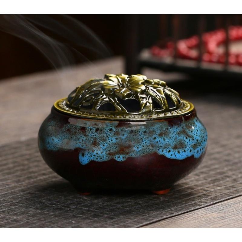 Lư sứ xông trầm hương - Nắp đồng hoa văn, sứ cao cấp 4