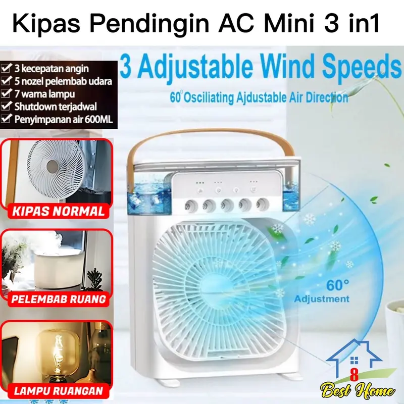 Kipas Angin Mini AC LED 3 in 1 Portable Air Cooler Humidifier 600 ML Kode 002 0