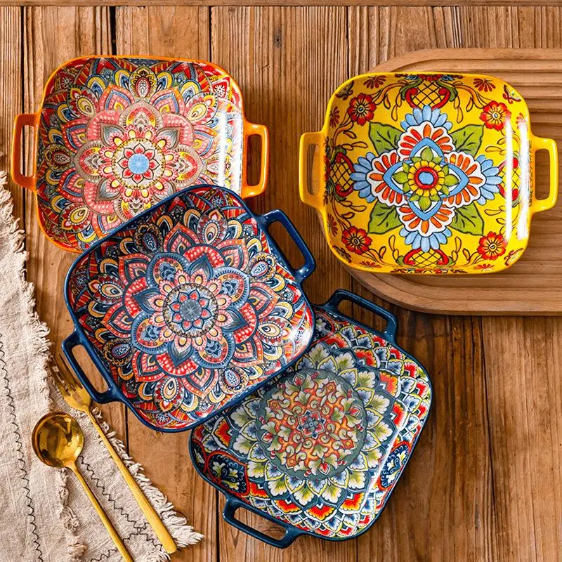 Boho Style Ceramic Dinner Plate, 4 Counts/set Creative Breakfast Plate, Large Deep Plate for Home and Restaurant Use, Microwave Safe