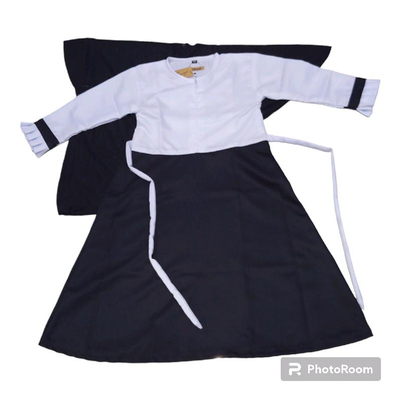 set gamis hitam putih /seragam sekolah anak Paud TK MD bahan katun toyobo usia 3-11tahun Katun Polos Hitam Putih 2