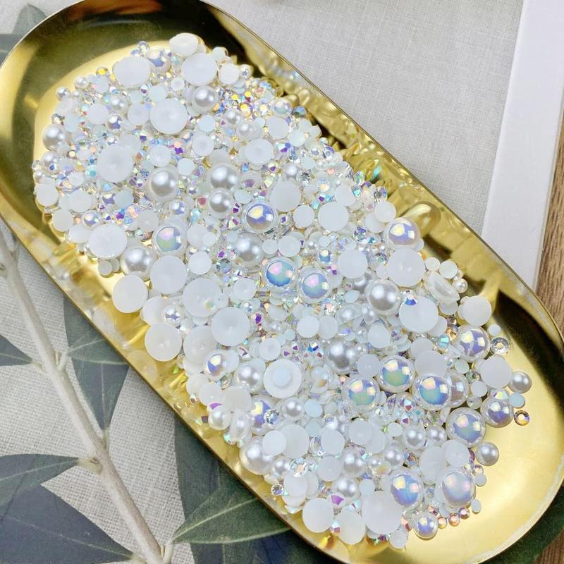 Product Introduction of Mixed Size Flat Back Pearls & Rhinestones (1200pcs), Resin Rhinestones, Semi-circular Flat Back Pearl Rhinestones, DIY Materials For Nails, Face, Art, Crafts, Jewelry Decoration 17