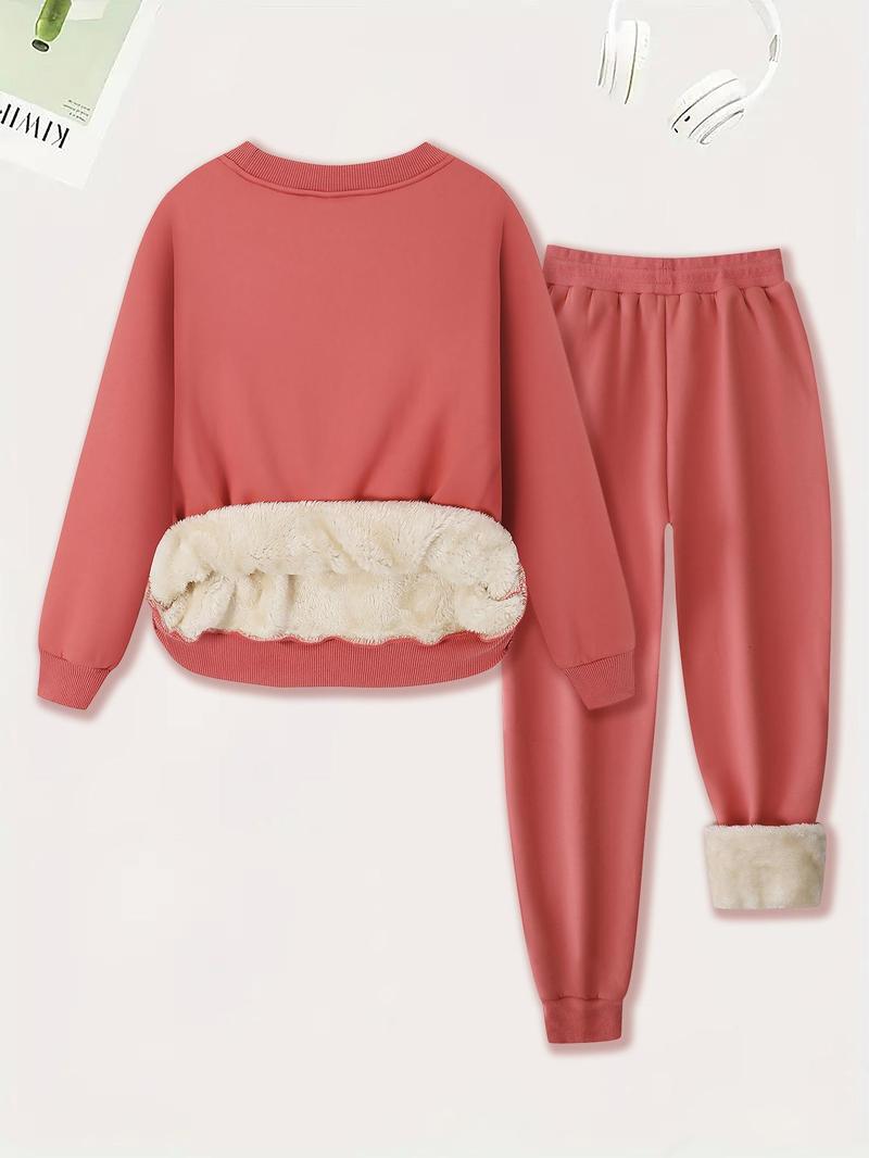 Product Introduction of Women's Plain Plush Lined Sweatshirt & Drawstring Waist Sweatpants Two-piece Set, Casual Round Neck Long Sleeve Pullover & Pocket Jogger Pants Co-ords Set, Women's  Tummy Flattering Two-piece Outfits for Winter 14