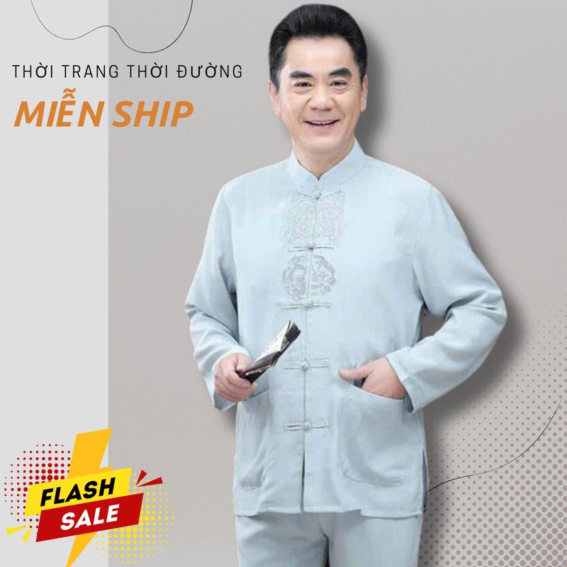B5 Bộ đũi dài trung niên Bộ Nam Chất liệu đũi tự nhiên thanh lịch. Menswear bomac dichua set đồ Áo Quần Màu Trắng Kem Sơ Mi Shirt Jean