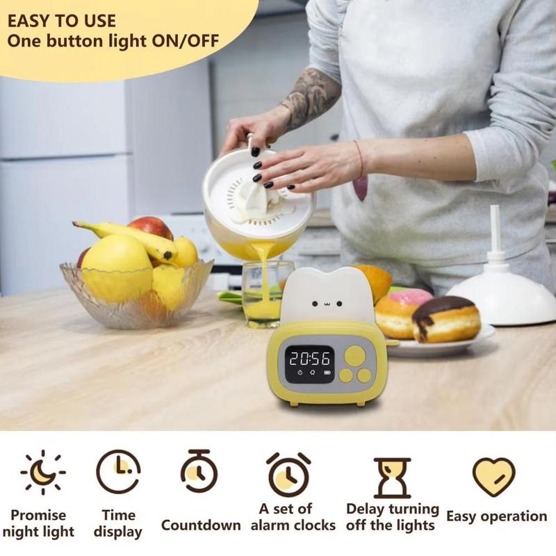 Product Introduction of Cute Cartoon Toast Design Alarm Clock, USB Reaching Desktop Night Light, Novelty Lighting for Home Bedroom Living Room 4