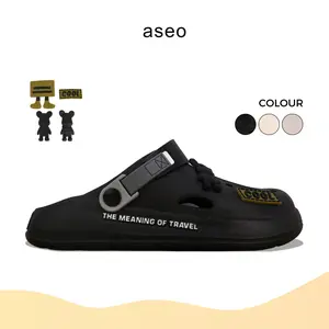 Aseo Sandal Pria Wanita Dewasa Baim Terbaru Lebaran 2025 Slip on Import Korean Style Anti Slip Clog Karet Rubber Sandal Cowok Dewasa Kekinian Unisex Jelly Empuk Elastis H166 Black sandal  priamurah Sendal