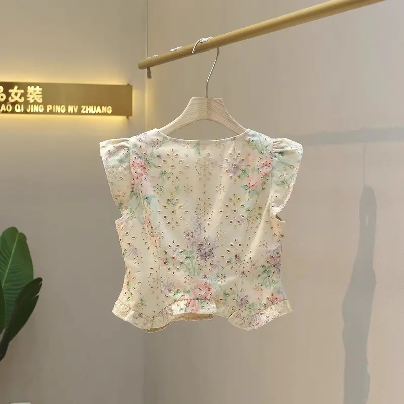 Áo Sơ Mi Ngắn Tay Cổ Tròn Cổ Điển Tay Áo Rung Nhỏ Dành Cho Nữ, Thiết Kế Hoa Ngọt Ngào Hàng Mới Về Mùa Hè, Mỏng Vừa Vặn, Áo Thêu, 2025 sinh  viên  dav  đồng  phục bụng  bầu  giả  silicon 1