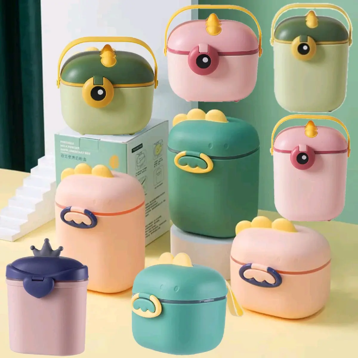 Tempat Kotak Penyimpanan Susu Bubuk Bayi Anti Tumpah Dino Mahkota Anti Tumpah Sealed Wadah Makanan Kue Mommy