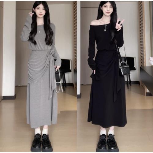 Dress Hitam Casual Dress Press Body Outfit Hangout Long Dress Bodycon  Lengan Panjang Wanita Simple Untuk Non Formal M678 - Hitam, S