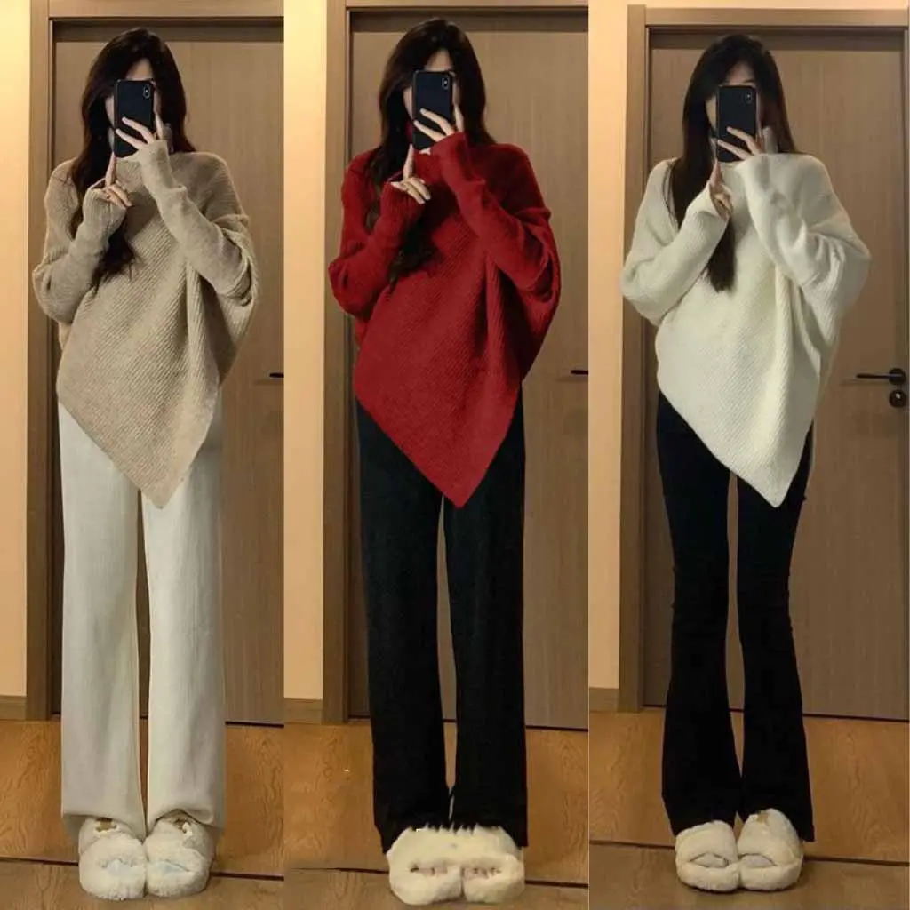 Áo len cổ lọ vạt chéo, Áo len cổ cao tay bo form dấu quần trùm mông phong thái korea dịu dàng noel tết