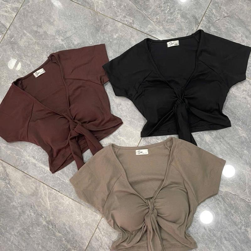 Áo croptop tay ngắn có mút cột dây giữa tạo nơ xinh bozip mềm Cổ Tròn Women Nữ aosang chanh 5