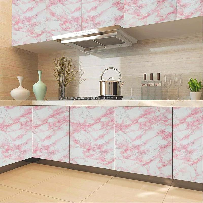 Marble Pattern Self-adhesive Wallpaper, 1 Roll Pink Waterproof Peel and Stick Wallpaper, Easy To Remove Wall Art Sticker for Kitchen Countertop and Cabinet Shelf Liner 5