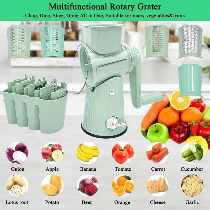 Product Introduction of Manual Rotating Cheese Grater, 1 Count 5 in 1 Replaceable Stainless Steel Blade Vegetable Chopper with Blade Storage Box, Multifunctional Vegetable Slicer for Home Kitchen Dining Room Picnic,  Kitchen Gadgets 3