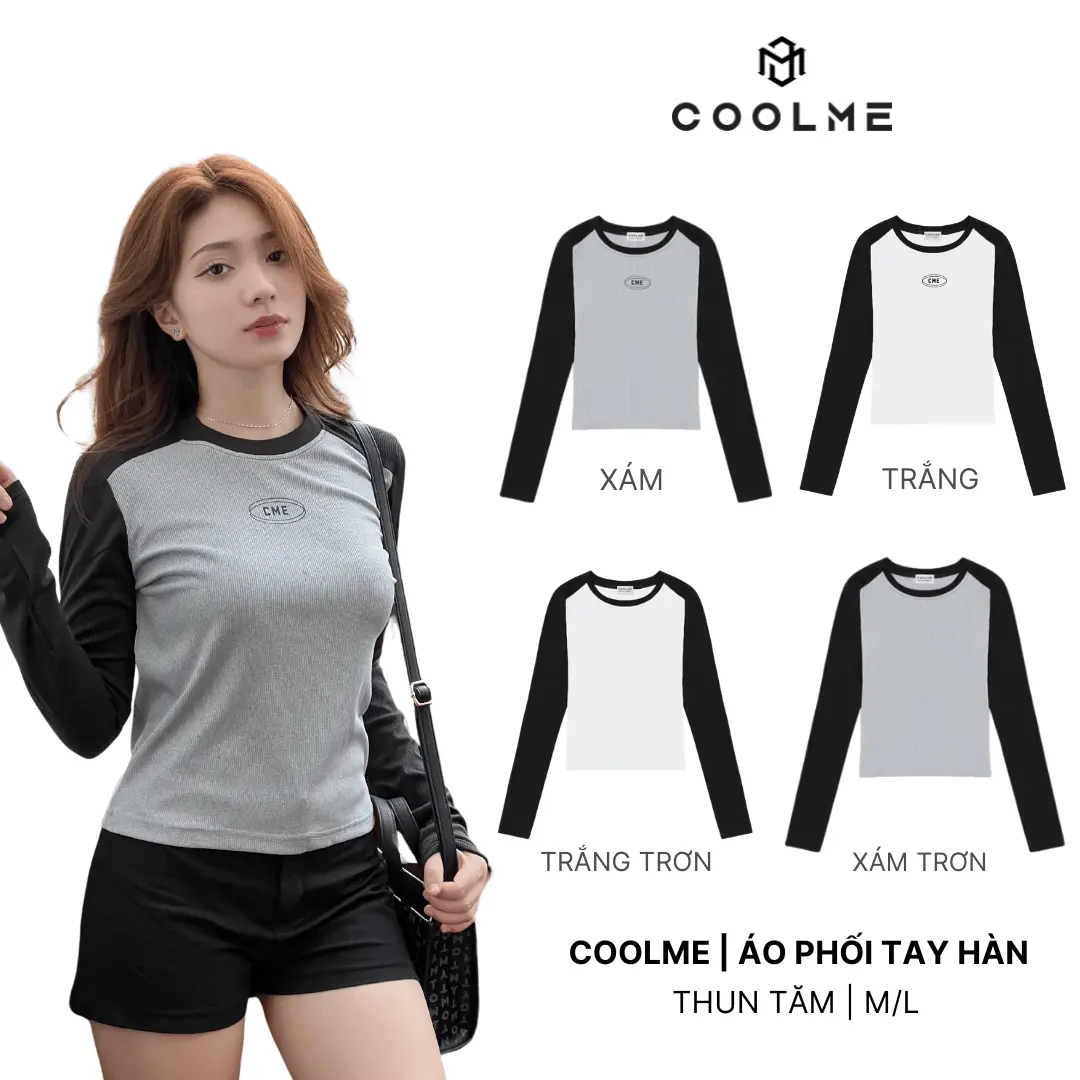 Áo Thun Nữ Coolme Phối Màu Dài Tay Thun Tăm Cổ Tròn Cao Cấp Top Women Trắng