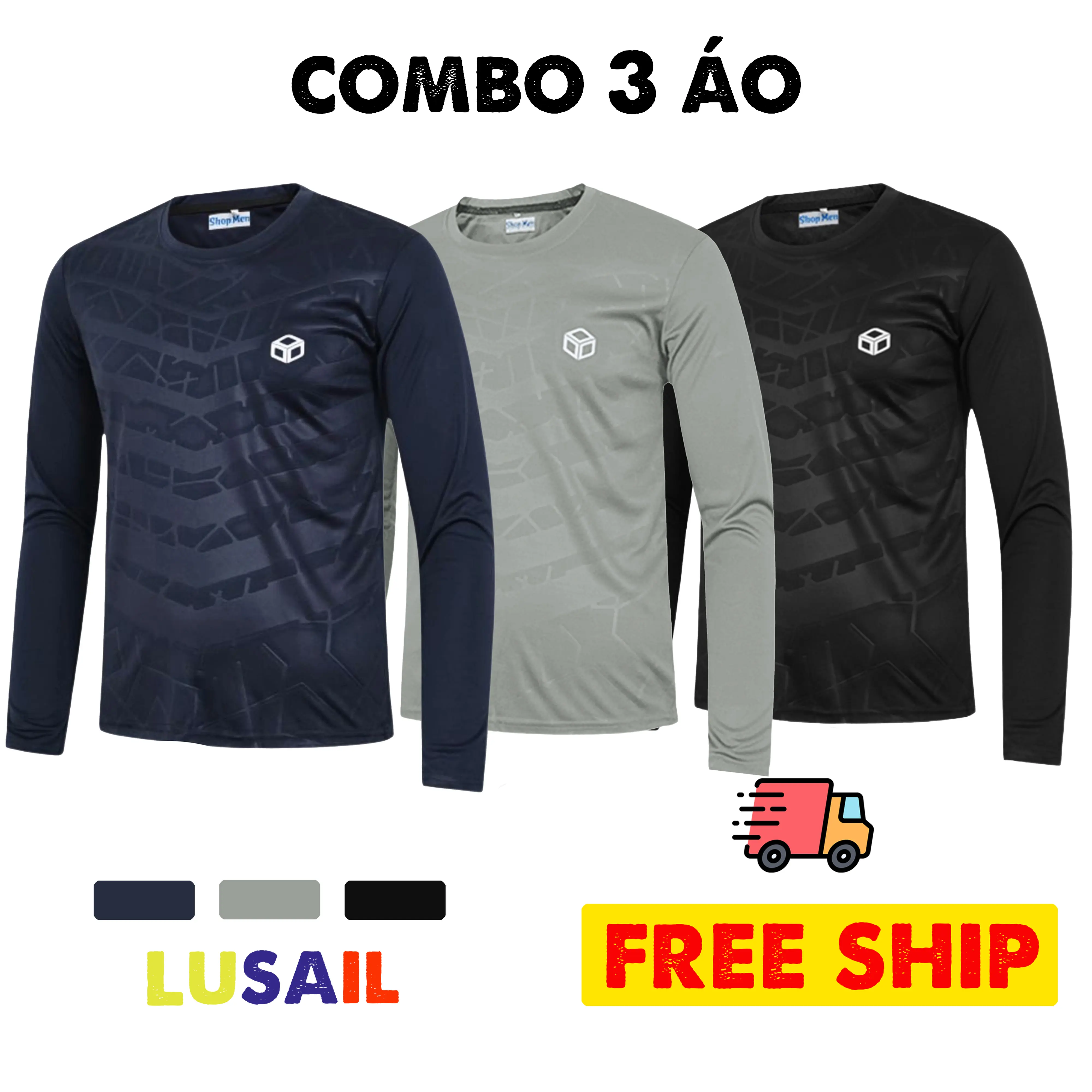 Bộ 3 Áo Thun Nam Dài Tay Cổ Tròn Polyester Mềm Mịn Co Giãn Thoáng Khí