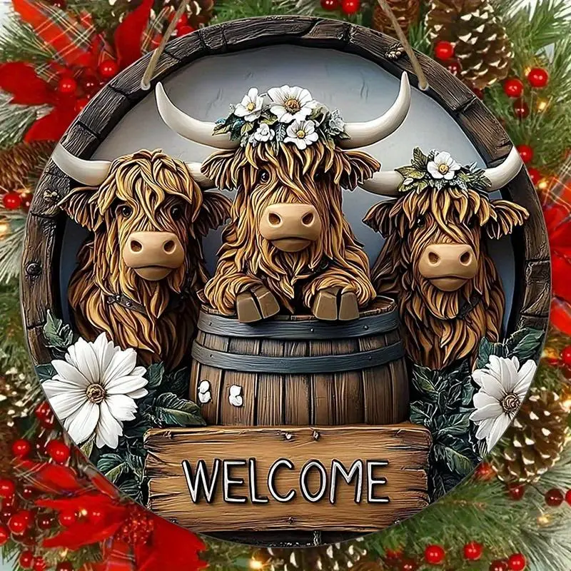 Western Style Yak Wooden Sign, Vintage Round Sign, Welcome Sign, Wall Hanging Decor, Home Christmas Decoration, Festive & Party Supplies