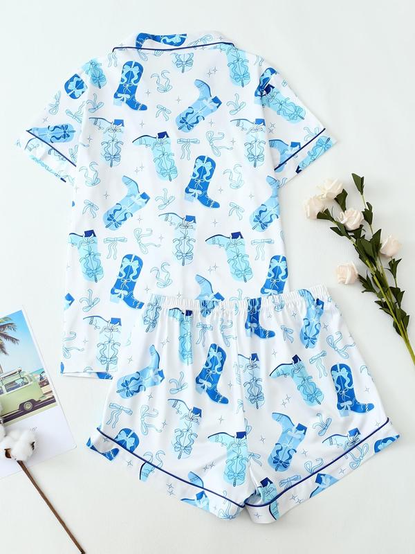 Women's All Over Print Lapel Shirt & Elastic Waist Shorts Pyjama Two-piece Set, Casual Comfy Short Sleeve Pocket Button Up Top & Shorts PJ Set, Ladies Summer Sleepwear, Loungewear 1