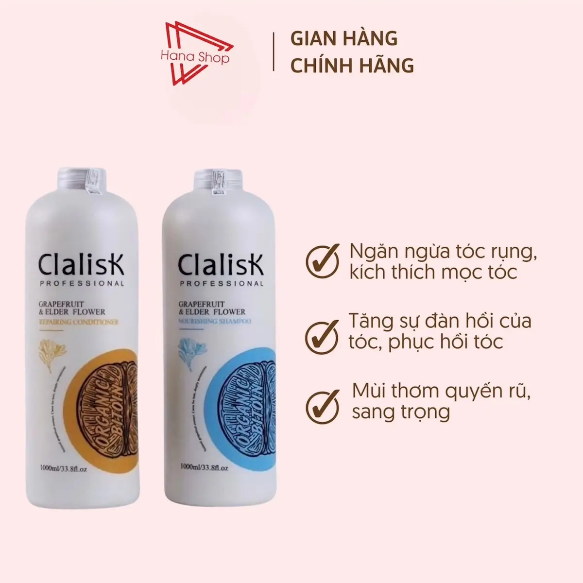 Cặp gội Xả CLALISK BƯỞI ( 2 chai 1000ml) giúp tóc giảm rụng sau sinh, hậu covid. Không chứa silicon, Hữu cơ, Kiểm soát dầu, Chống gàu