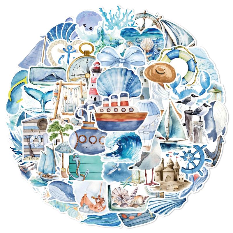 Product Introduction of Ocean Themed Sticker, 50pcs/set Waterproof Self Adhesive Decor Paper, Decor Sticker for Gift Greeting Card Water Bottle Laptop Phone 4