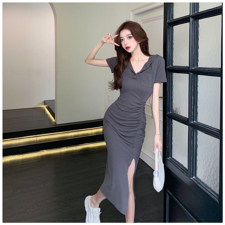 Product Introduction of Casual new style fashionable split mid length hooded skirt with women's summer temperament, waist cinched short sleeved drawstring dress 11