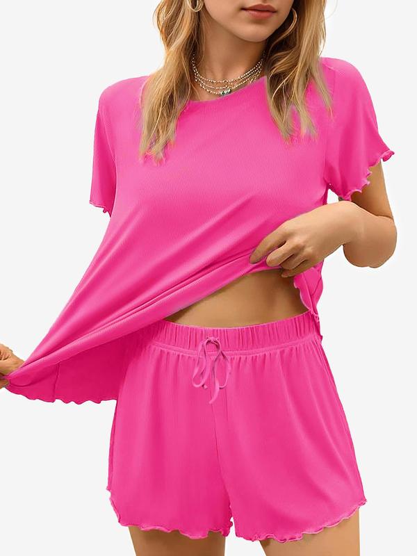 Women's solid color casual pajama set, round neck short-sleeved top, elastic waist pocket shorts, two-piece home clothes. 2