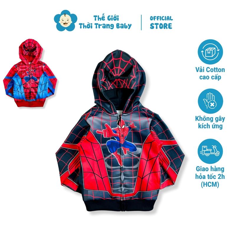 Áo khoác cho bé trai người nhện spiderman từ 2 tuổi đến 5 tuổi 1 lớp vải thun dày dặn có mũ 2 lớp và khóa kéo AK45 AK46 Cotton