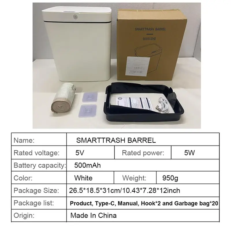 14L Automatic Sensor Trash Can, Rechargeable Smart Trash Can with 2 Counts Hook & 20pcs Garbage Bag, Suitable for Office Home Bedroom Living Room Kitchen Bathroom 3