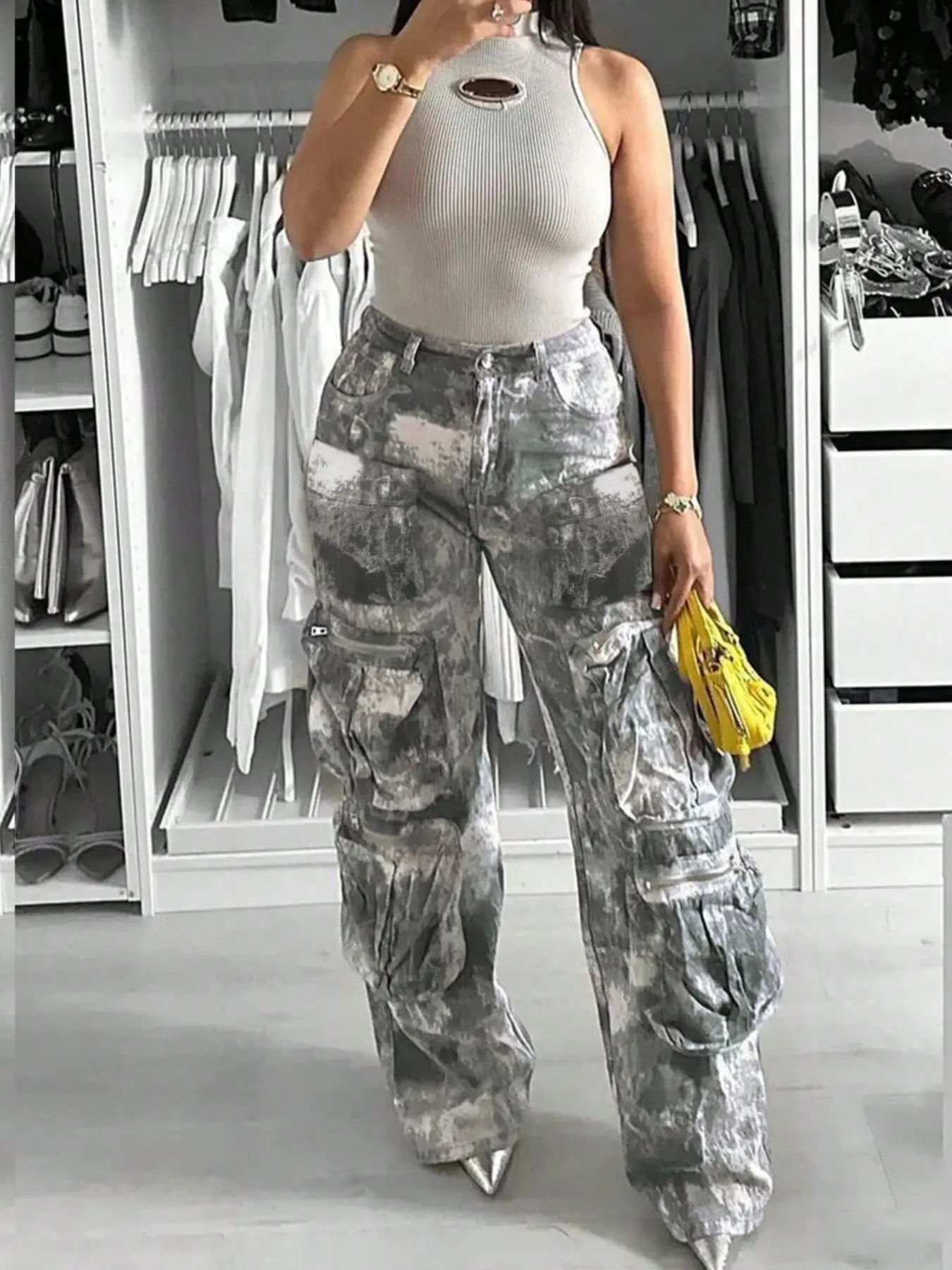 Women's Camo Print Pocket Cargo Pants, Casual Streetwear  Button Fly Trousers for Daily Wear, Ladies Bottoms for All Seasons